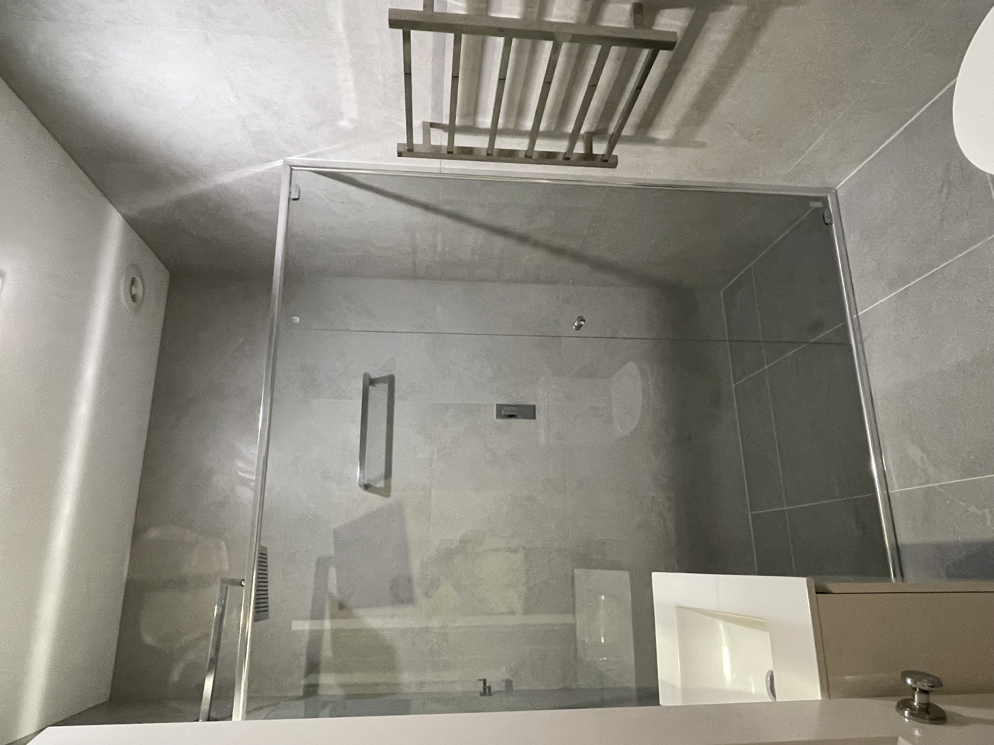 Completed small ensuite grey bathroom