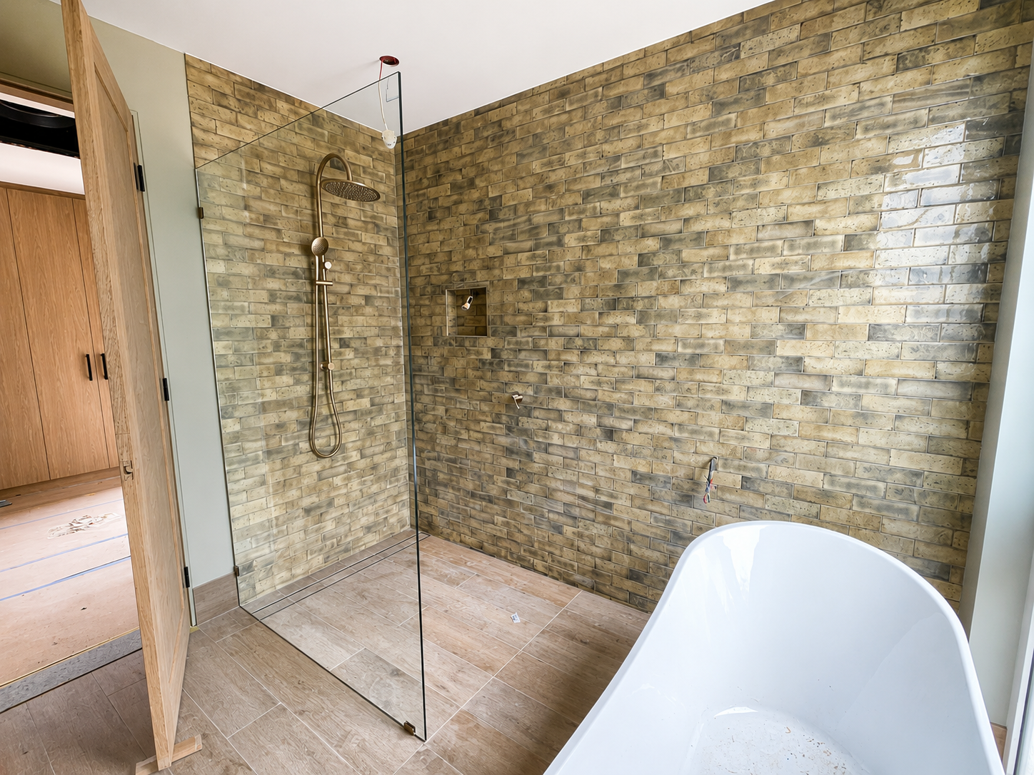 Completed neutral main bathroom with walk-in shower