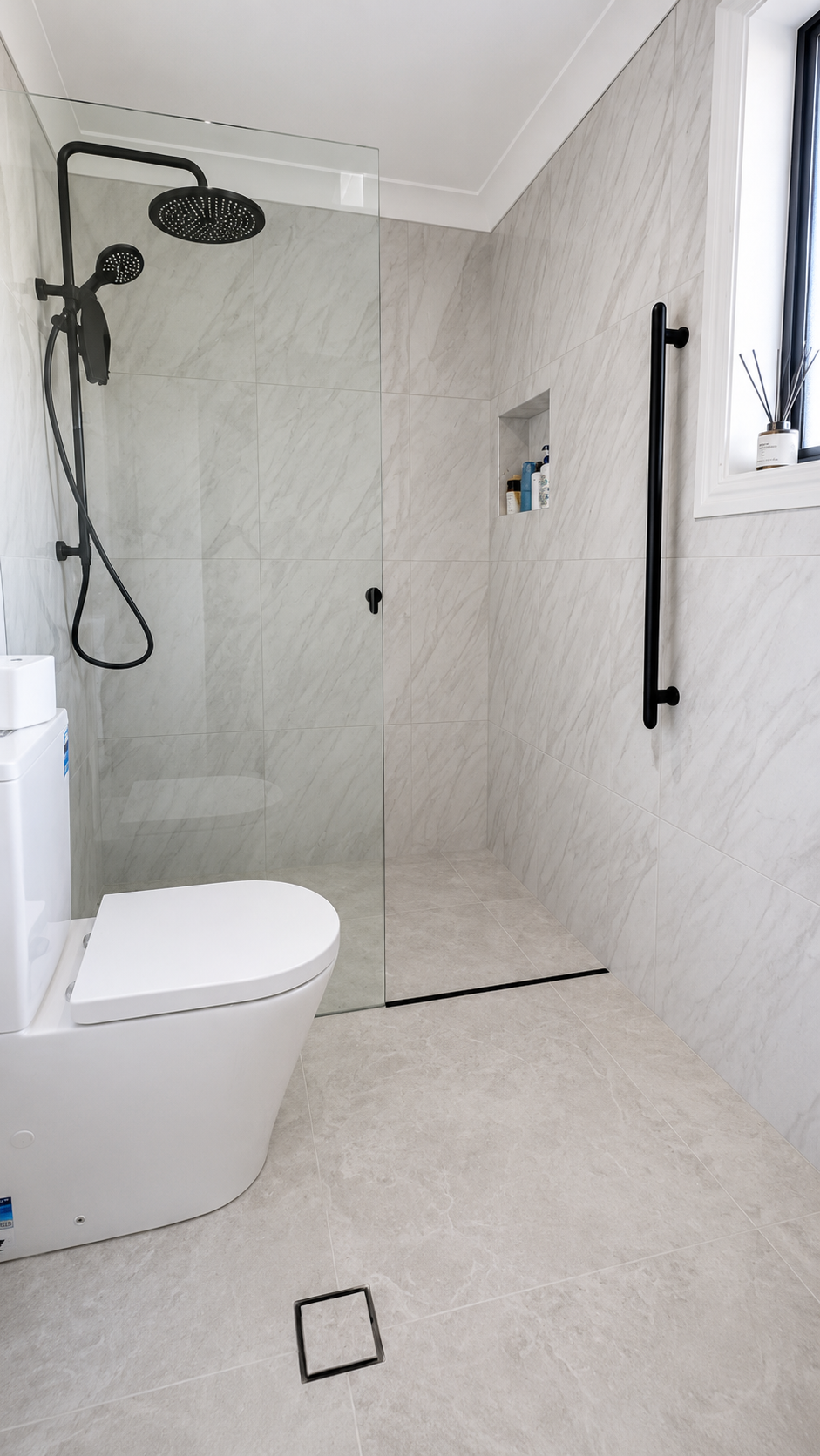 Completed main ensuite shower with black matte fixtures