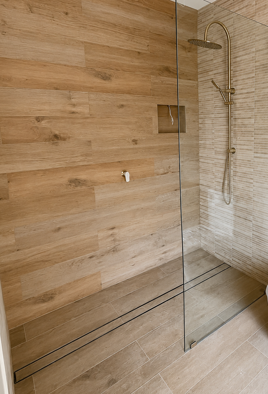 Completed neutral main bathroom walk-in shower