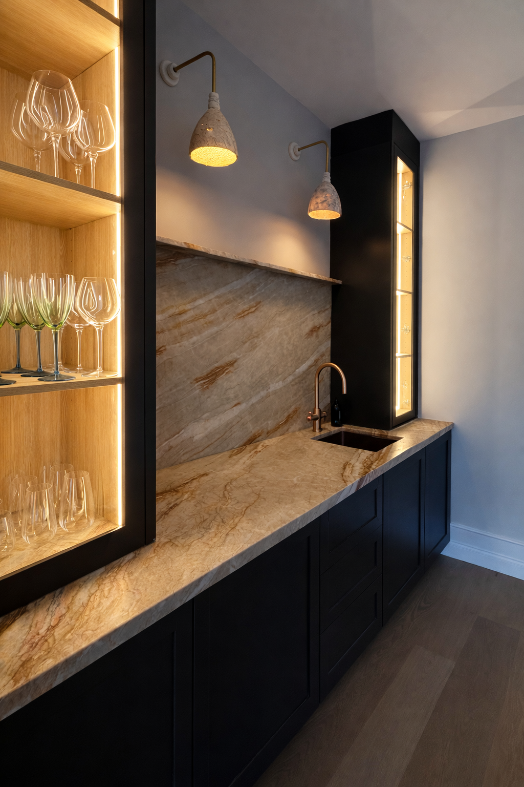 Completed custom entertainment bar with feature lighting