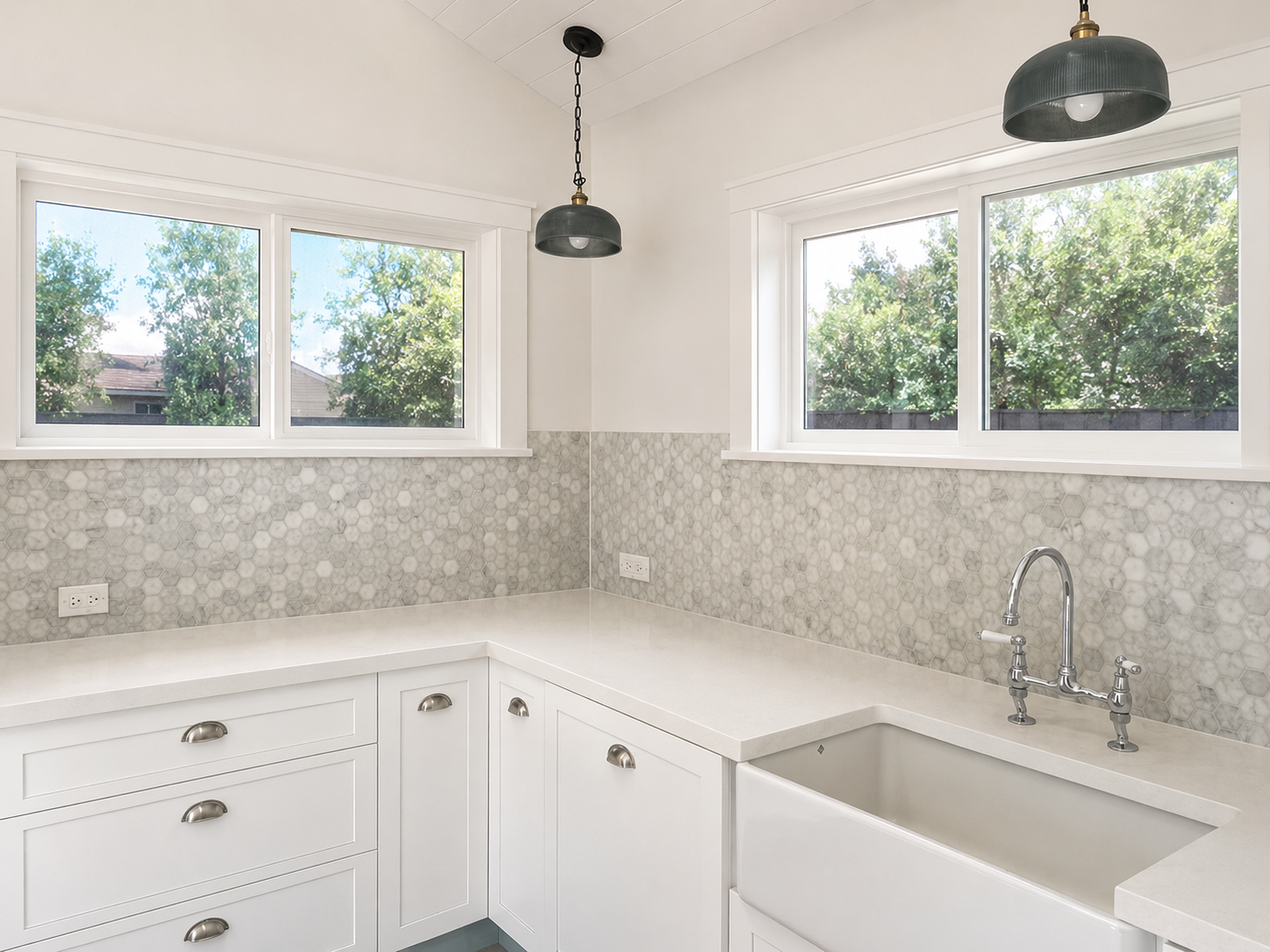 Completed white Hamptons farmhouse kitchen renovation